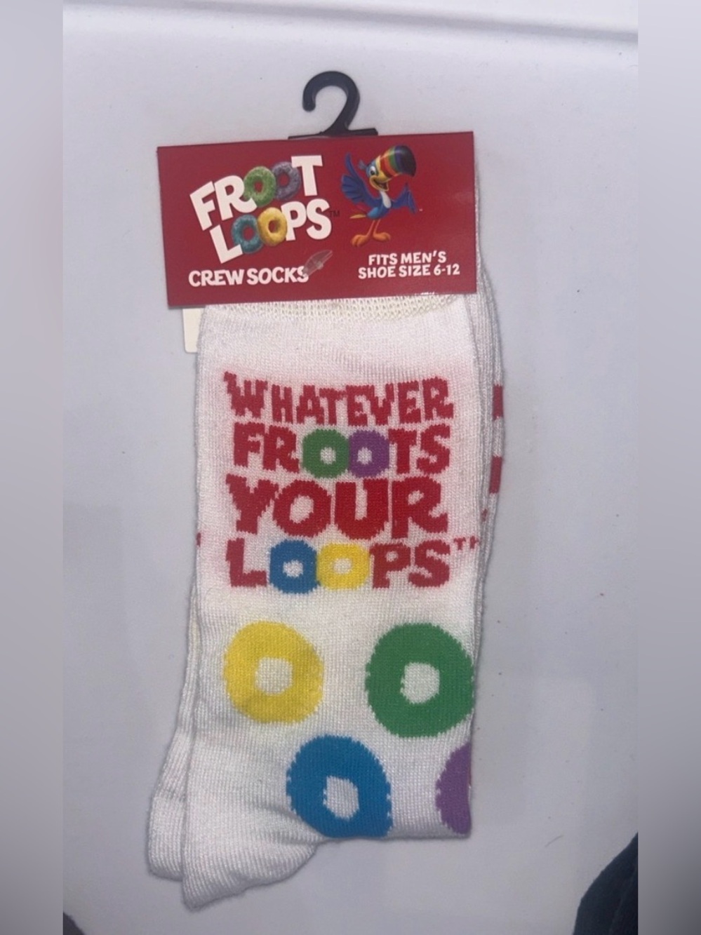 Fruit Loops Colorful White Crew Socks says, “Whatever Froots Your Loops.” NWT